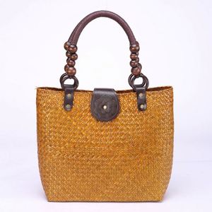 Women's Ethnic Handmade Seaweed Woven Bag Portable Shoulder Bag <b>Chains</b> Travel Holidays Beach <b>Handbag</b> with Beads Handle - Product Image 6