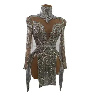 Robe de soirée à franges, paillettes argentées, fente haute, franges, robe pour femmes, discothèque, décolleté en V profond, Costume de scène de danse