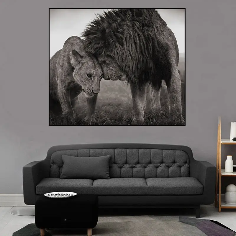 黒動物ライオンの頭と頭のポスターは家の寝室の装飾のためのキャンバスの絵画を印刷します