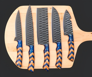 Handmade Carbon Steel Chef <b>Knife</b> <b>Set</b> with Dual-Tone Wood Handles | Black Powder Coat & Pakka Wood and leather Roll - Product Image 3