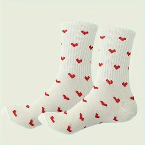 Calzini a Metà Polpaccio con Cuori per Donne, Calze Lunghe Bianche Versatili Casual, Stile Sportivo Universitario - Product Image 1