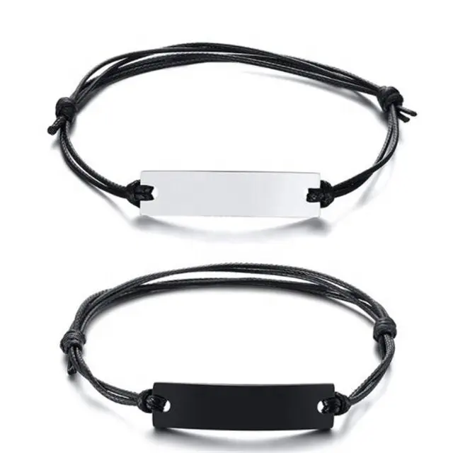 Yiwu-pulsera de acero inoxidable con placas de cuerda negra para hombre, brazalete con grabado personalizado con nombre, fecha de amor, cera, barra de cuero