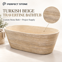 Baignoire ovale autoportante en travertin beige de luxe PerfectStone, tailles personnalisées, pierre naturelle, pour hôtel, villa, salle de bain