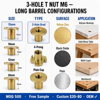 Écrou en T à 3 trous M6 en acier au carbone zingué, corps long 15 mm, base ronde, insert fileté pour bois multicouche