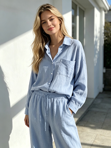 Completo Due Pezzi da <span class=keywords><strong>Donna</strong></span> <span class=keywords><strong>in</strong></span> Cotone e <span class=keywords><strong>Lino</strong></span>, Camicia <span class=keywords><strong>con</strong></span> Colletto a Risvolto e <span class=keywords><strong>Pantaloni</strong></span> a Gamba Larga <span class=keywords><strong>con</strong></span> <span class=keywords><strong>Vita</strong></span> Elasticizzata, Casual ed Ecologico - Product Image 3