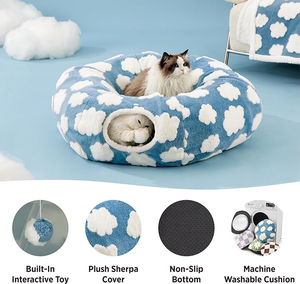 Lit tunnel de beignet mignon pour chats d'intérieur grotte ronde pour animaux de compagnie avec boîte de coussin circulaire lavable/emballage en Carton - Product Image 2