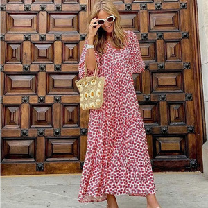 <span class=keywords><strong>Vestido</strong></span> Maxi Floral Elegante Casual Holgado con Mangas Abullonadas de Ganchillo y Estampado Geométrico de Cintura Natural para Mujer, Colección Verano 2026 - Product Image 4