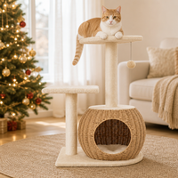 Arbre à chat de luxe classique et moderne, écologique, durable, en rotin, bois et sisal, 2 niveaux, avec griffoir et condo en carton