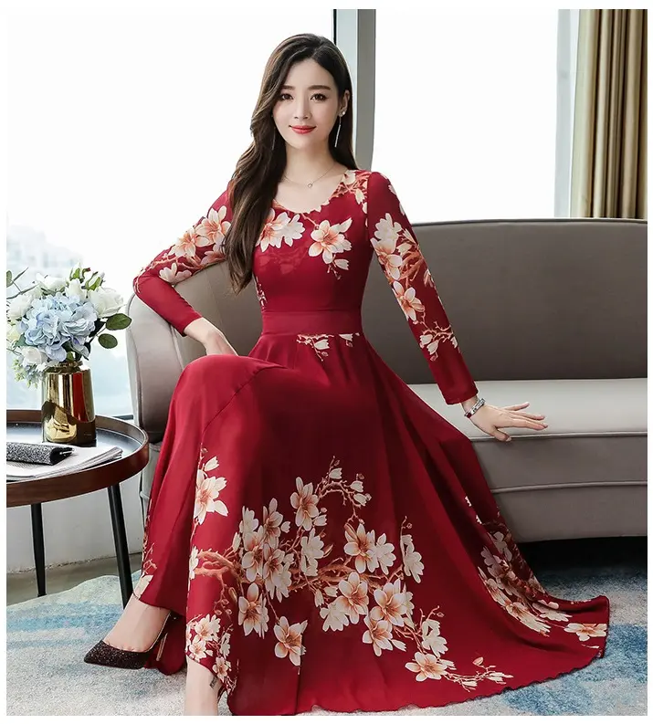 HKRED Factory Price Wholesale 2021 Fashion Women Long Sleeve Elegant Floral Print Casual Dress For Cheap Women Dresses For Women