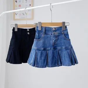 Trẻ Em Jean Váy Với Denim An Toàn Knickers Cô Gái Ruffle Denim Váy Bán Buôn Kid Toddler Cô Gái Thanh Thiếu Niên Pleated Màu Xanh Jeans Váy