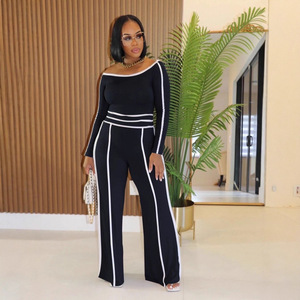 Conjunto de Pantalones Anchos de Cintura Alta y Top de Hombros Descubiertos para Mujer, Estilo Casual, en Algodón Elástico con Detalles en Contraste - Product Image 4