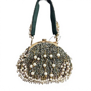 <b>Green</b> Beaded Shell Evening <b>Bag</b> Handcrafted <b>Clutch</b> with Pearl Straps - Product Image 1
