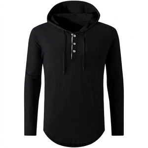 Men's Black Hooded <b>Henley</b> <b>Long</b> <b>Sleeve</b> Knitted Casual Shirt Autumn Regular Fit Solid Color Button Up Collar - Product Image 1