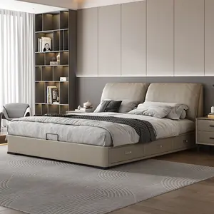 Modern Upholstered Storage Bed Genuine Leather King Size Double Bed With Drawers