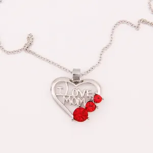 2024 I Love Mom with red rhinestones Necklace For Mother's Day Nice Polished Heart charm with Rhinestones for Christmas gift