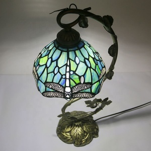 LongHuiJing 8Inch Tiffany Mediterranean Stained Glass Desk <b>Lamp</b> Metal Leaf Thin <b>Base</b> LED AC E26 2700K Soft Warm - Product Image 5