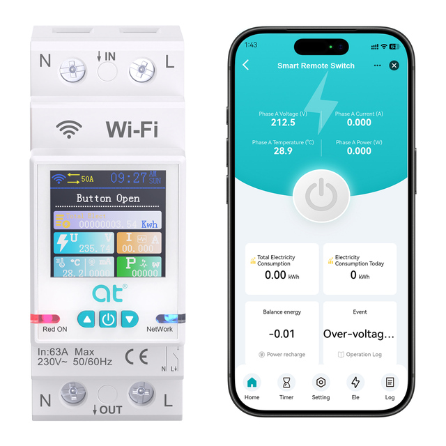 63A Smart WiFi Circuit Breaker with HD Color LCD Display Power Statistics Relay Timer Switch for Tuya Smart Life Google Home