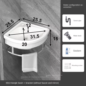 Petit appartement, simplicité moderne, armoire d'angle triangulaire tout-en-un en acier inoxydable à montage mural, lavabo de salle de bain en céramique - Product Image 5