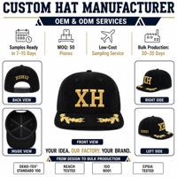 Casquette Snapback en Corduroy à 6 Panneaux Personnalisée Noire et Or avec Broderie 3D Feuille sur la Visière, Casquette à Visière Plate OEM ODM pour Hip Hop et Streetwear