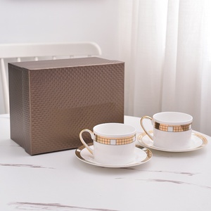 White Bone China Teacup and Saucer Set Gold Plaid Ceramic Cups <b>Gift</b> <b>Box</b> for <b>Coffee</b> Tea Serving - Product Image 1