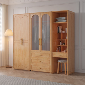 Minimalist Solid Wood Wardrobe Combination Double Door Freestanding Bedroom Cabinet With Glass Panels And <b>Drawers</b> - Product Image 2