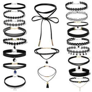 NUORO Vintage Black Lace Velvet Choker Necklaces With Pendants Gothic Girl Neck Jewelry Black Choker Necklaces Set