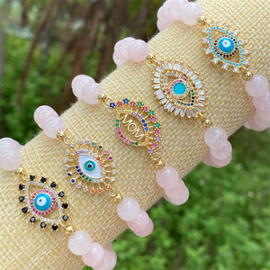 Braccialetto Elastico in Quarzo Rosa con Occhio del Diavolo, Charm Occhio del Diavolo in CZ, Braccialetti di Cristallo Curativo in Quarzo Rosa - Product Image 4