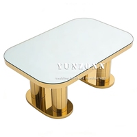Table rectangulaire de banquet en acier inoxydable avec plateau en verre miroir, dorée, pour mariages, événements, hôtels, meubles de salle à manger