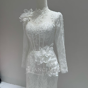 Vestido de Novia de Lujo Lscm91 Color Marfil, Mangas Largas con Ilusión de Transparencia, Apliques de Encaje Floral, Vestido de Novia Sirena con Cuentas, Jancember - Product Image 2