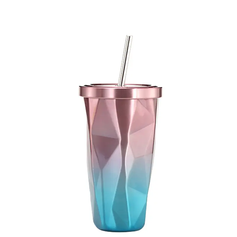 Zogift New Fashion Colorful Gradient Bottle Diamond Vacuum Cup Stainless Steel Double Straw Cup sublimation blank