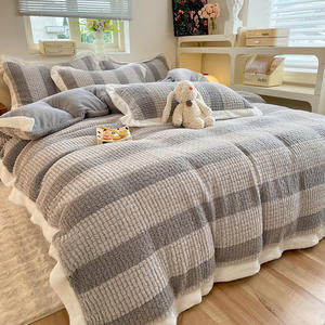 Striped <strong>Teddy</strong> <strong>Fleece</strong> 4Pcs Bed <strong>Sheet</strong> Bedding Set Comforter Cover Quilt Thicken Bedspread Flat <strong>Sheet</strong> Set for Winter - Product Image 1