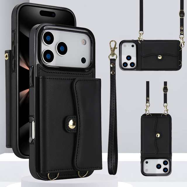 Luxury Card Holder Magnetic Shoulder Hand Strap Kickstand Wallet Phone Cover case for iphone 17 air Pro Max 16 15 14 13 12