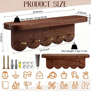Wooden Entryway <b>Coat</b> Rack <b>With</b> <b>Hooks</b> Solid Wood Wall Mounted Storage <b>Shelf</b> For Bedroom Living Room Decorative Flower Stand - Product Image 2