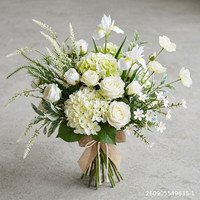 Nouveau Bouquet de Fleurs Synthétiques Réalistes Vert Foncé Européen : Rose Chou, Hortensia, Ranunculus, Anthurium, Lys Flamant