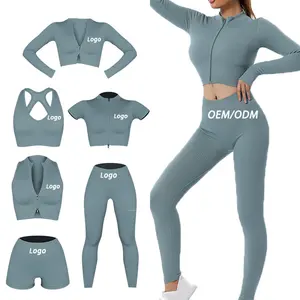 Hot Selling 6 Pieces Seamless Ribbed Women Yoga Sets Gym Fitness Tracksuit Sports Bra Zipper Top and Yoga Leggings Suits