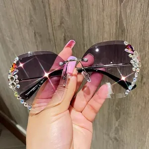 Famous Brand Designer 2022 Sunglasses Women Vintage Rimless Rhinestone Sun Glasses Female