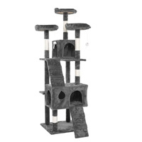 Arbre d'activités pour chat en peluche grise, grande tanière pour chat, plusieurs zones de repos, jouet interactif suspendu pour chat, poteaux à gratter en sisal pour usage domestique
