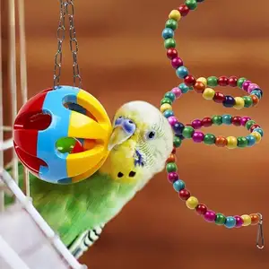 新しい鳥ペットオウムおもちゃオウムのための鳥かごおもちゃ信頼性の高いスイングハンギングチューイングバイトブリッジ木製ビーズボールベルおもちゃ