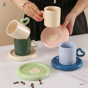 Nordic Heart Shape Ceramic Coffee Mug <b>Set</b> Off White Green Cylinder <b>Saucer</b> For Afternoon <b>Tea</b> - Product Image 4
