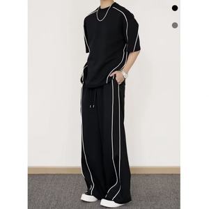 Trajes de Verano para Hombre de 2 Piezas, Camiseta de Manga Corta + Pantalones Largos, Color Sólido, Cuello Redondo Tipo Polo, Pantalones con Cintura Elástica, Chándal - Product Image 6
