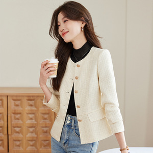 Apricot Round Neck Blazer Women Tweed Slim Fit Solid Color Polyester Worsted Jacket - Product Image 2