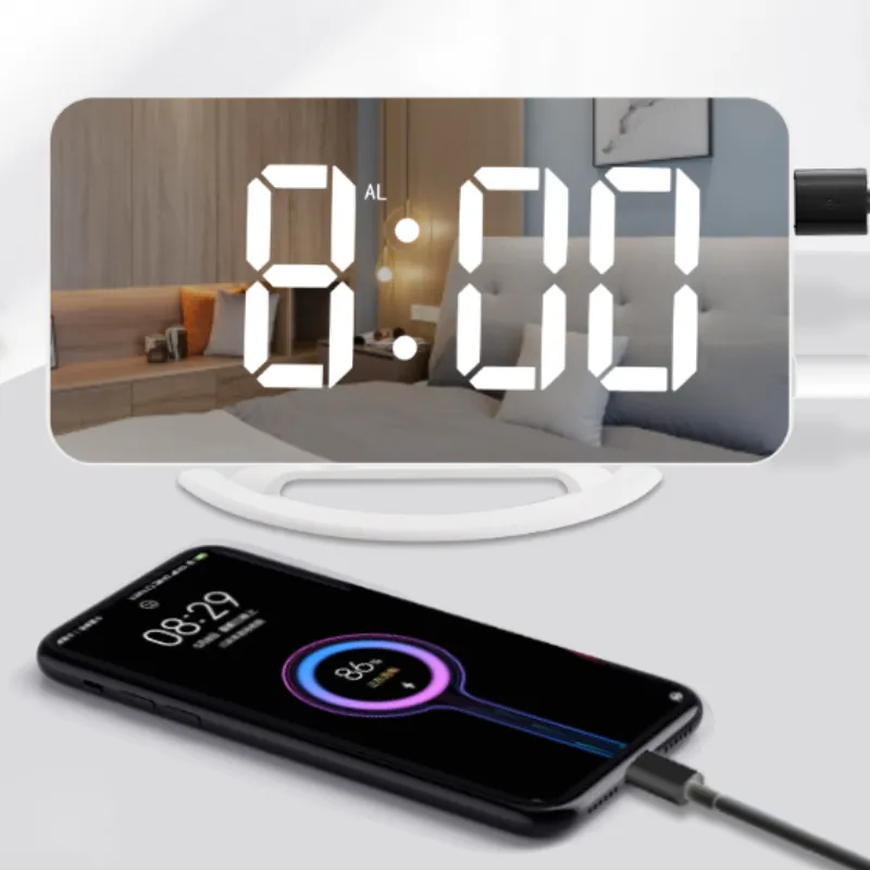 Table digital mirror clock USB port with bed shaker waking heavy sleepers vibrating alarm clock