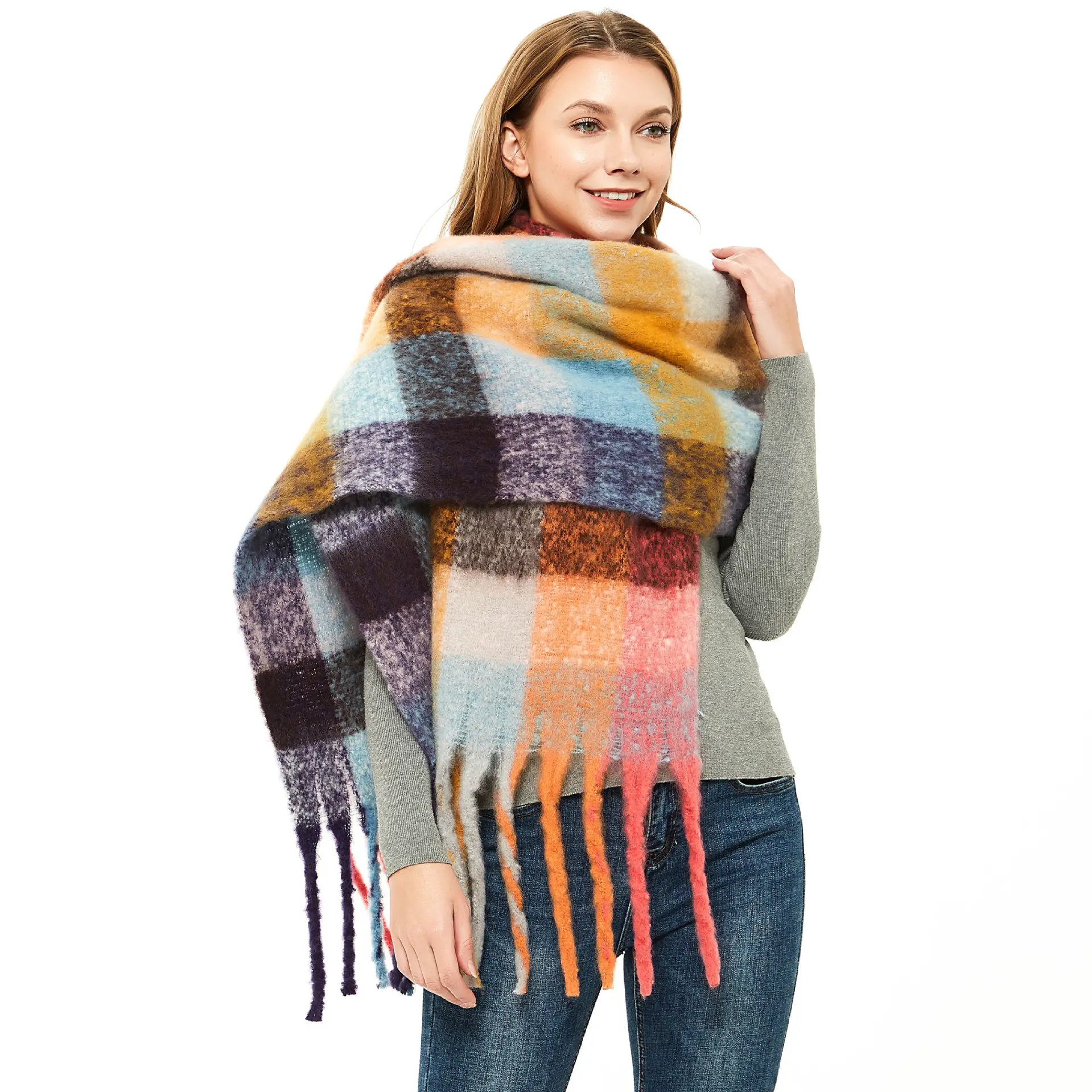 Модная женская теплая длинная однотонная шаль с кисточкой зимний массивный кашемировый шарф для женщин