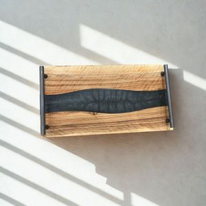 Rectangular Wooden <b>Serving</b> <b>Tray</b> with <b>Black</b> Resin River Design and Metal Handles Solid Wood <b>Serving</b> <b>Tray</b> for Kitchen and Dining - Product Image 6