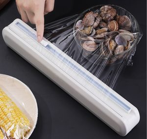 Kitchen food plastic wrap cling film dispenser and press slide cutter