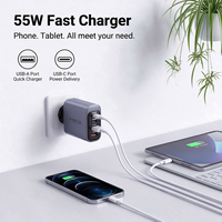 Chargeur mural USB 4 ports 55W, adaptateur secteur à charge rapide PD+QC, prise EU/US, bloc de charge multi-ports pour smartphones et tablettes