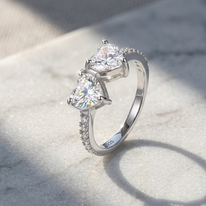 Bague de fiançailles en argent sterling S925 avec moissanite double cœur, tige pavée, bijou romantique, cadeau pour femmes - Product Image 2
