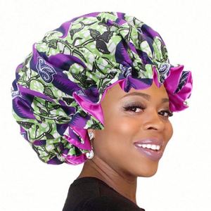 Bonnet en satin ajustable de haute qualité pour femme, motif africain imprimé, large bord ondulé, style Ankara Dashiki, usage quotidien, vente en gros 443 - Product Image 2