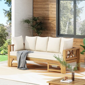 Canapé convertible 3 places extensible en bois d'acacia pour extérieur, avec coussins beiges, finition teck moderne, chaise longue de jardin - Product Image 1