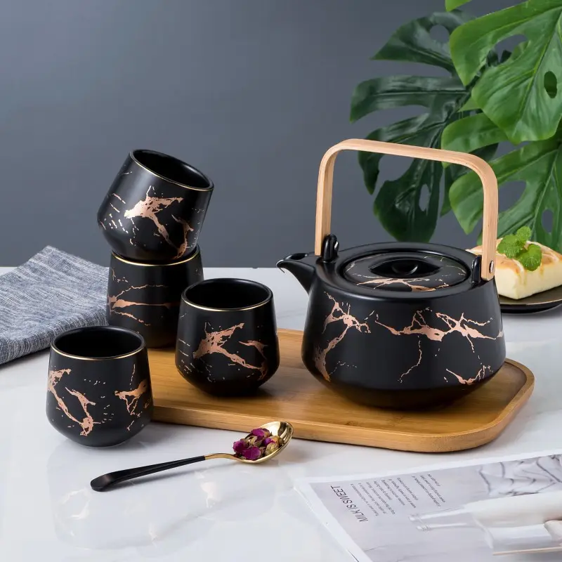 Service à thé ménager marbré, bouilloire japonaise en céramique noire et blanche, service à thé, théière à fond en bois d'acacia